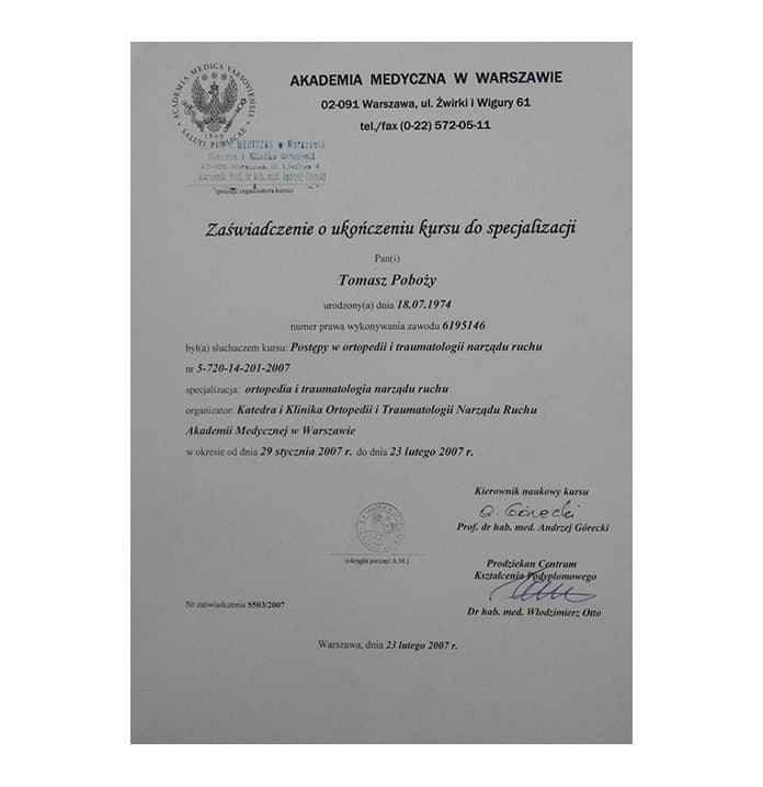 Kurs specjalizacyjny — ortopedia i traumatologia